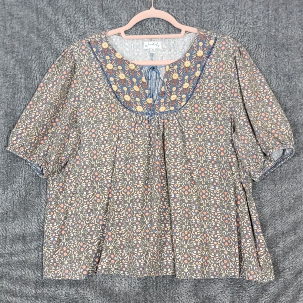 Wonderly Peasant Top Womens XL Blue Floral Linen Blend Boho Tie Front Tassels